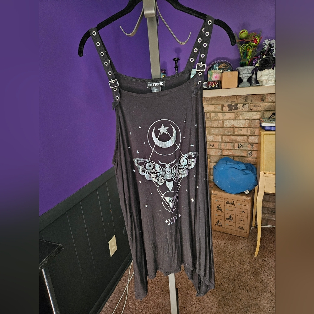 Black And Silver Graphic Tank Top With Moth, Moon, Stars